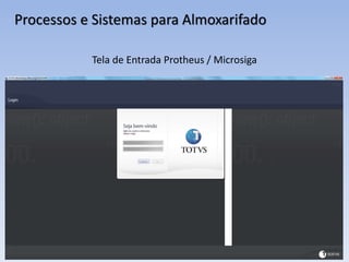 Processos e Sistemas para Almoxarifado
Tela de Entrada Protheus / Microsiga
 