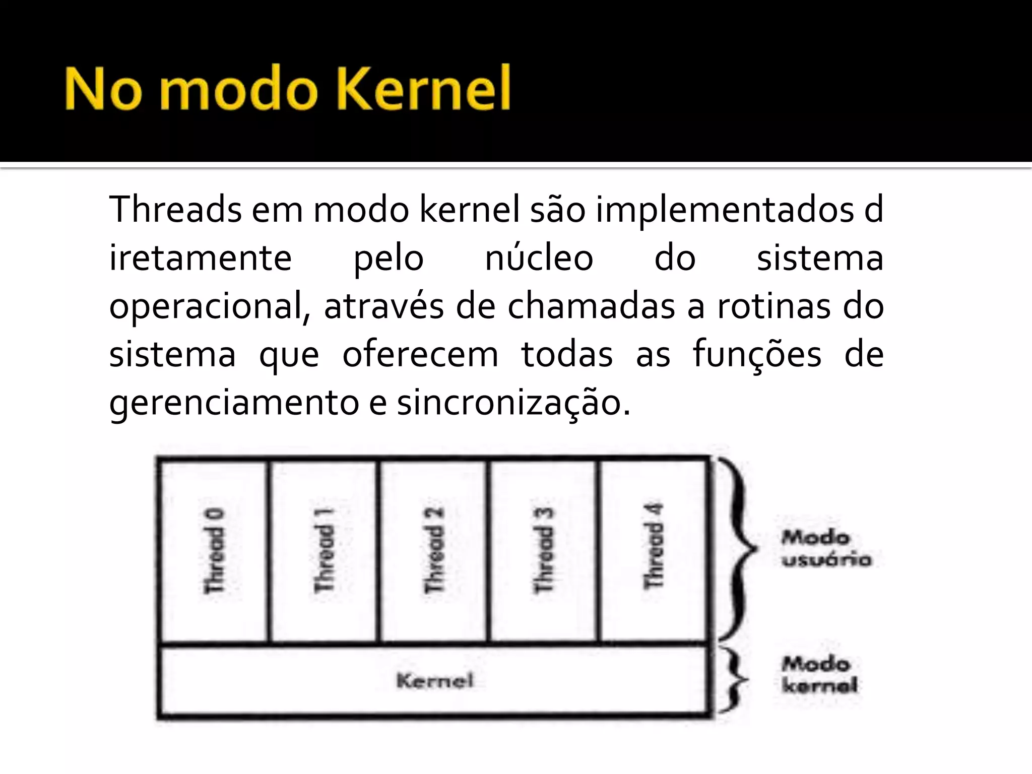 Threads em modo kernel são implementados d
iretamente pelo núcleo do sistema
operacional, através de chamadas a rotinas do
sistema que oferecem todas as funções de
gerenciamento e sincronização.
 