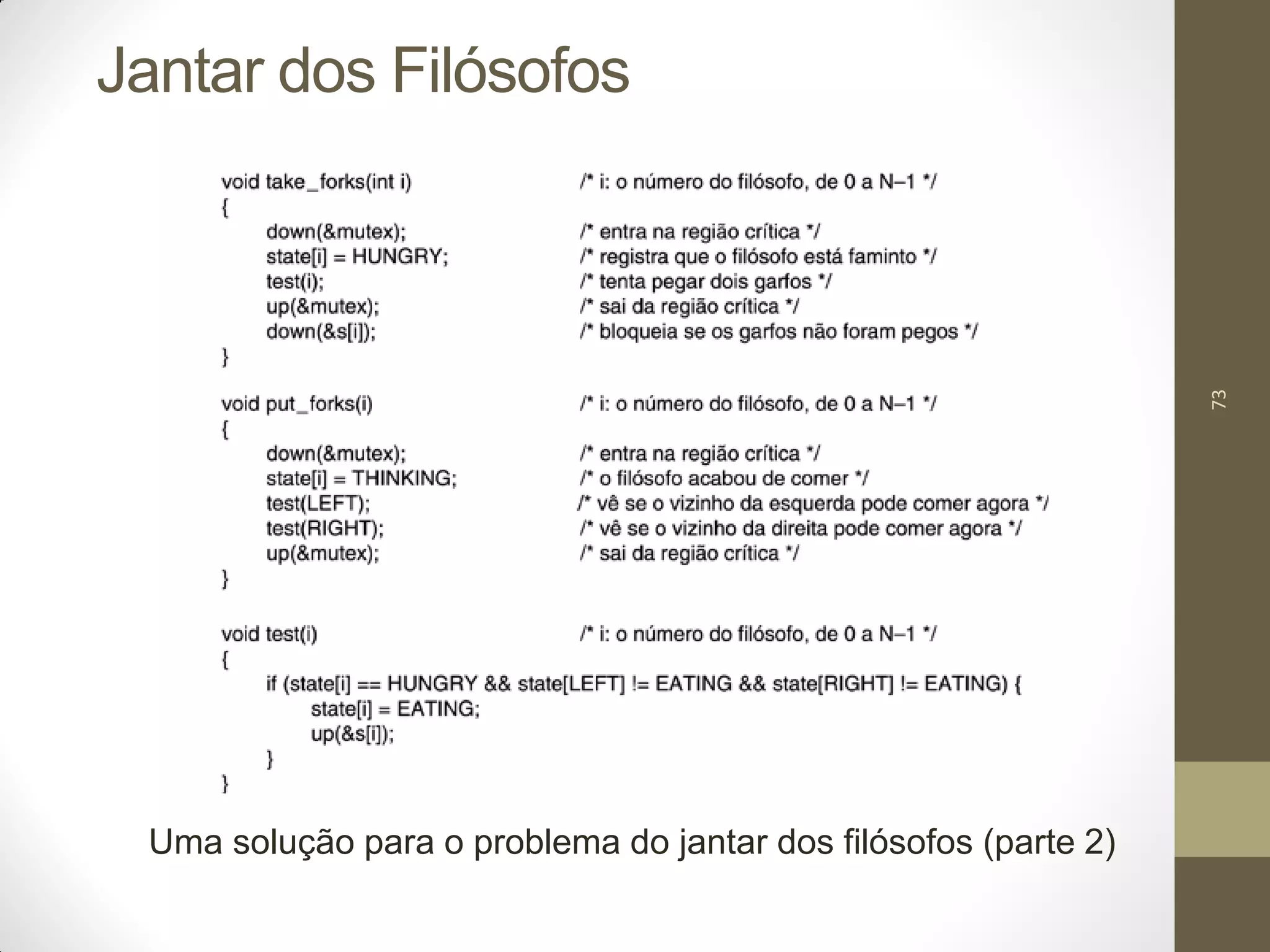 73
Jantar dos Filósofos
Uma solução para o problema do jantar dos filósofos (parte 2)
 