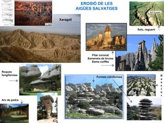 EROSIÓ DE LES
                          AIGÜES SALVATGES

               Xaragall


                                                         Solc, regueró




                                Pilar coronat
                              Xemeneia de bruixa
                                Dame coiffée


Roques
fungiformes                                                              R
                                    Formes ruïniformes
                                                                         a
                                                                         s
                                                                         c
                                                                         l
                                                                         e
                                                                         r
Arc de pedra
 
