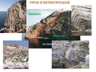 TIPUS D’ESTRATIFICACIÓ


                      MASSIVA




Na Xemena

                                        TABULAR

                                Ses Balandres




            L’Oliva
 