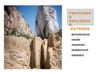 PROCESSO
S
GEOLÒGIC
S
 EXTERNS
METEORITZACIÓ

EROSIÓ

TRANSPORT

SEDIMENTACIÓ

DIAGÈNESI
 