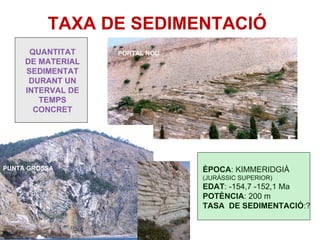 TAXA DE SEDIMENTACIÓ
      QUANTITAT    PORTAL NOU
     DE MATERIAL
     SEDIMENTAT
      DURANT UN
     INTERVAL DE
        TEMPS
       CONCRET




PUNTA GROSSA                    ÈPOCA: KIMMERIDGIÀ
                                (JURÀSSIC SUPERIOR)
                                EDAT: -154,7 -152,1 Ma
                                POTÈNCIA: 200 m
                                TASA DE SEDIMENTACIÓ:?
 