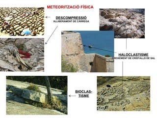 METEORITZACIÓ FÍSICA

   DESCOMPRESSIÓ
  ALLIBERAMENT DE CÀRREGA




                                HALOCLASTISME
                            CREIXEMENT DE CRISTALLS DE SAL




                BIOCLAS-
                  TISME
 