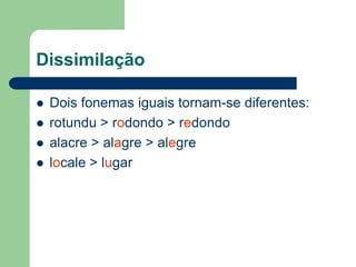 Dissimilação





Dois fonemas iguais tornam-se diferentes:
rotundu > rodondo > redondo
alacre > alagre > alegre
locale > lugar

 