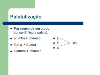 Palatalização


Passagem de um grupo
consonântico a palatal:



plumbu > chumbo



flama > chama








clamare > chamar

pl
fl
cl

ch

 
