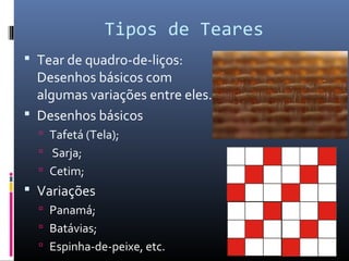  Tear de quadro-de-liços:
Desenhos básicos com
algumas variações entre eles.
 Desenhos básicos
 Tafetá (Tela);
 Sarja;
 Cetim;
 Variações
 Panamá;
 Batávias;
 Espinha-de-peixe, etc.
Tipos de Teares
 