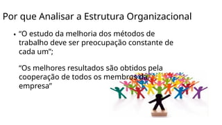 Por que Analisar a Estrutura Organizacional
• “O estudo da melhoria dos métodos de
trabalho deve ser preocupação constante de
cada um”;
“Os melhores resultados são obtidos pela
cooperação de todos os membros da
empresa”
 