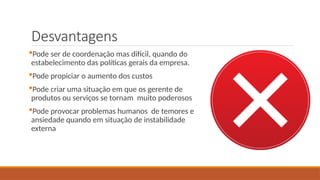 Desvantagens
Pode ser de coordenação mas difícil, quando do
estabelecimento das políticas gerais da empresa.
Pode propiciar o aumento dos custos
Pode criar uma situação em que os gerente de
produtos ou serviços se tornam muito poderosos
Pode provocar problemas humanos de temores e
ansiedade quando em situação de instabilidade
externa
 
