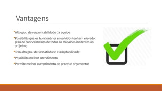 Vantagens
Alto grau de responsabilidade da equipe
Possibilita que os funcionários envolvidos tenham elevado
grau de conhecimento de todos os trabalhos inerentes ao
projetos;
Tem alto grau de versatilidade e adaptabilidade;
Possibilita melhor atendimento
Permite melhor cumprimento de prazos e orçamentos
 