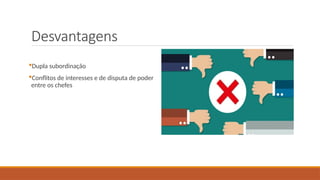 Desvantagens
Dupla subordinação
Conflitos de interesses e de disputa de poder
entre os chefes
 