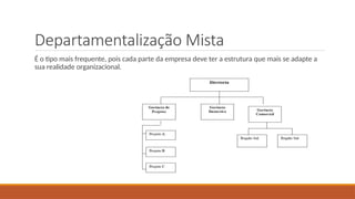 Departamentalização Mista
É o tipo mais frequente, pois cada parte da empresa deve ter a estrutura que mais se adapte a
sua realidade organizacional.
 
