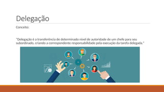 Delegação
Conceito:
“Delegação é a transferência de determinado nível de autoridade de um chefe para seu
subordinado, criando a correspondente responsabilidade pela execução da tarefa delegada.”
 