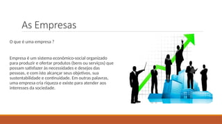 As Empresas
O que é uma empresa ?
Empresa é um sistema econômico-social organizado
para produzir e ofertar produtos (bens ou serviços) que
possam satisfazer às necessidades e desejos das
pessoas, e com isto alcançar seus objetivos, sua
sustentabilidade e continuidade. Em outras palavras,
uma empresa cria riqueza e existe para atender aos
interesses da sociedade.
 