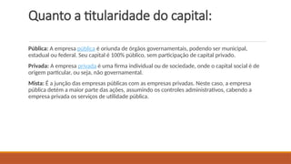 Quanto a titularidade do capital:
Pública: A empresa pública é oriunda de órgãos governamentais, podendo ser municipal,
estadual ou federal. Seu capital é 100% público, sem participação de capital privado.
Privada: A empresa privada é uma firma individual ou de sociedade, onde o capital social é de
origem particular, ou seja, não governamental.
Mista: É a junção das empresas públicas com as empresas privadas. Neste caso, a empresa
pública detém a maior parte das ações, assumindo os controles administrativos, cabendo a
empresa privada os serviços de utilidade pública.
 