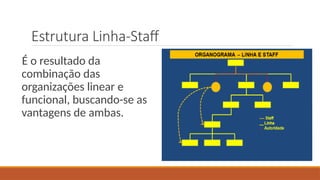 Estrutura Linha-Staff
É o resultado da
combinação das
organizações linear e
funcional, buscando-se as
vantagens de ambas.
 
