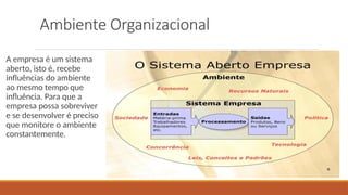 Ambiente Organizacional
A empresa é um sistema
aberto, isto é, recebe
influências do ambiente
ao mesmo tempo que
influência. Para que a
empresa possa sobreviver
e se desenvolver é preciso
que monitore o ambiente
constantemente.
 