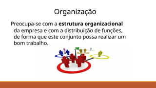 Organização
Preocupa-se com a estrutura organizacional
da empresa e com a distribuição de funções,
de forma que este conjunto possa realizar um
bom trabalho.
 