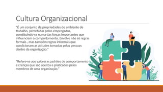 Cultura Organizacional
“É um conjunto de propriedades do ambiente de
trabalho, percebidas pelos empregados,
constituindo-se numa das forças importantes que
influenciam o comportamento. Envolve não só regras
formais , mas também regras informais que
condicionam as atitudes tomadas pelas pessoas
dentro da organização.”
“Refere-se aos valores e padrões de comportamento
e crenças que são aceitos e praticados pelos
membros de uma organização.”
 