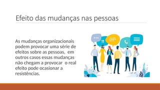 Efeito das mudanças nas pessoas
As mudanças organizacionais
podem provocar uma série de
efeitos sobre as pessoas, em
outros casos essas mudanças
não chegam a provocar o real
efeito pode ocasionar a
resistências.
 