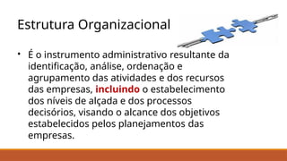 Estrutura Organizacional
• É o instrumento administrativo resultante da
identificação, análise, ordenação e
agrupamento das atividades e dos recursos
das empresas, incluindo o estabelecimento
dos níveis de alçada e dos processos
decisórios, visando o alcance dos objetivos
estabelecidos pelos planejamentos das
empresas.
 