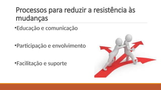 Processos para reduzir a resistência às
mudanças
•Educação e comunicação
•Participação e envolvimento
•Facilitação e suporte
 
