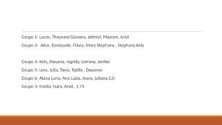 Grupo 1- Lucas, Thaynara Giovana, Jatiniel, Maycon, Ariel
Grupo 2- Alice, Daniquele, Flávia, Mary Stephany , Stephany Kely
Grupo 4- Kely, Jhovana, Ingridy, Lorrany, Jenifer
Grupo 5- Iana, Julia, Tavia, Tatilla , Dayanne
Grupo 6- Alana Luna, Ana Luiza, Jeany, Juliana 2,0
Grupo 3- Emilia, Nara, Ariel , 1,75
 