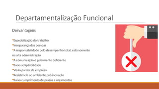 Departamentalização Funcional
Desvantagens
Especialização do trabalho
Insegurança das pessoas
A responsabilidade pelo desempenho total, está somente
na alta administração
A comunicação é geralmente deficiente
Baixa adaptabilidade
Visão parcial da empresa
Resistência ao ambiente pró-inovação
Baixo cumprimento de prazos e orçamentos
 