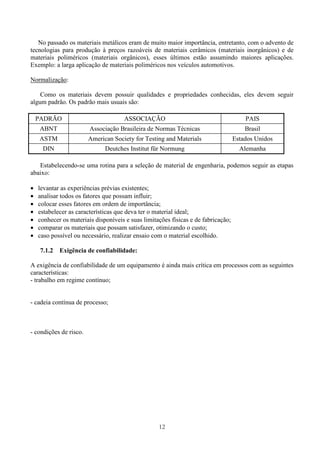 12
No passado os materiais metálicos eram de muito maior importância, entretanto, com o advento de
tecnologias para produção à preços razoáveis de materiais cerâmicos (materiais inorgânicos) e de
materiais poliméricos (materiais orgânicos), esses últimos estão assumindo maiores aplicações.
Exemplo: a larga aplicação de materiais poliméricos nos veículos automotivos.
Normalização:
Como os materiais devem possuir qualidades e propriedades conhecidas, eles devem seguir
algum padrão. Os padrão mais usuais são:
PADRÃO ASSOCIAÇÃO PAIS
ABNT Associação Brasileira de Normas Técnicas Brasil
ASTM American Society for Testing and Materials Estados Unidos
DIN Deutches Institut für Normung Alemanha
Estabelecendo-se uma rotina para a seleção de material de engenharia, podemos seguir as etapas
abaixo:
• levantar as experiências prévias existentes;
• analisar todos os fatores que possam influir;
• colocar esses fatores em ordem de importância;
• estabelecer as características que deva ter o material ideal;
• conhecer os materiais disponíveis e suas limitações físicas e de fabricação;
• comparar os materiais que possam satisfazer, otimizando o custo;
• caso possível ou necessário, realizar ensaio com o material escolhido.
7.1.2 Exigência de confiabilidade:
A exigência de confiabilidade de um equipamento é ainda mais crítica em processos com as seguintes
características:
- trabalho em regime contínuo;
- cadeia contínua de processo;
- condições de risco.
 