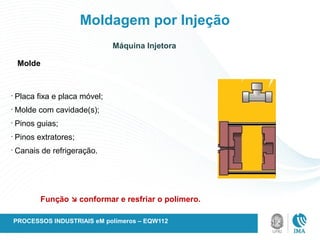 Moldagem por Injeção
Molde
•
Placa fixa e placa móvel;
•
Molde com cavidade(s);
•
Pinos guias;
•
Pinos extratores;
•
Canais de refrigeração.
Função  conformar e resfriar o polímero.
Máquina Injetora
PROCESSOS INDUSTRIAIS eM polímeros – EQW112
 
