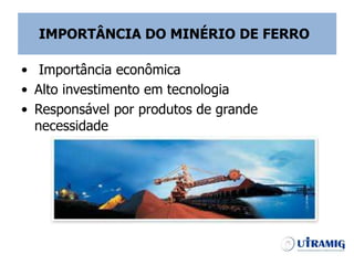 • Importância econômica
• Alto investimento em tecnologia
• Responsável por produtos de grande
necessidade
IMPORTÂNCIA DO MINÉRIO DE FERRO
 