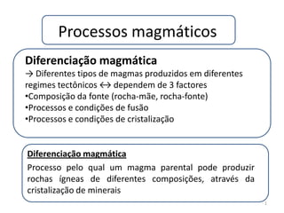 Processos magmáticos Diferenciação magmática -> Diferentes tipos de magmas produzidos em diferentes regimes tectônicos ↔ dependem de 3 factores ,[object Object]