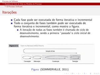 Processo de Software
Modelos de Ciclo de Vida ou Modelos de Processo
O Processo Uniﬁcado
Itera¸c˜oes
Cada fase pode ser executada de forma iterativa e incremental
Todo o conjunto de fases tamb´em pode ser executado de
forma iterativa e incremental, como mostra a ﬁgura.
A itera¸c˜ao de todas as fases tamb´em ´e chamada de ciclo de
desenvolvimento, sendo a primeira ”passada”o ciclo inicial de
desenvolvimento.
Figura: (SOMMERVILLE, 2011)
 
