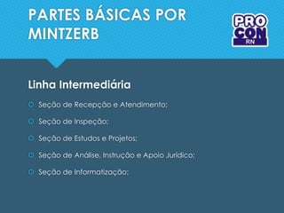 PARTES BÁSICAS POR
MINTZERB
Linha Intermediária
 Seção de Recepção e Atendimento;
 Seção de Inspeção;
 Seção de Estudos e Projetos;
 Seção de Análise, Instrução e Apoio Jurídico;
 Seção de Informatização;
 