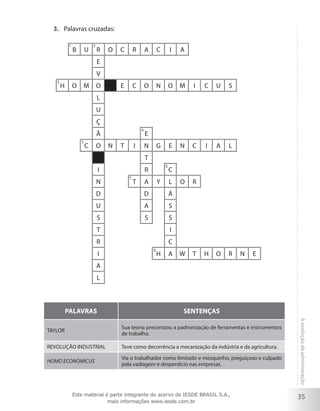 35
Aevoluçãodaadministração
Palavras cruzadas:3.	
B U R O C R A C I A
E
V
H O M O E C O N O M I C U S
L
U
Ç
Ã E
C O N T I N G E N C I A L
T
I R C
N T A Y L O R
D D Á
U A S
S S S
T I
R C
I H A W T H O R N E
A
L
1 2
3
5
8
4
7
6
PALAVRAS SENTENÇAS
TAYLOR
Sua teoria preconizou a padronização de ferramentas e instrumentos
de trabalho.
REVOLUÇÃO INDUSTRIAL Teve como decorrência a mecanização da indústria e da agricultura.
HOMO ECONOMICUS
Via o trabalhador como limitado e mesquinho, preguiçoso e culpado
pela vadiagem e desperdício nas empresas.
Este material é parte integrante do acervo do IESDE BRASIL S.A.,
mais informações www.iesde.com.br
 