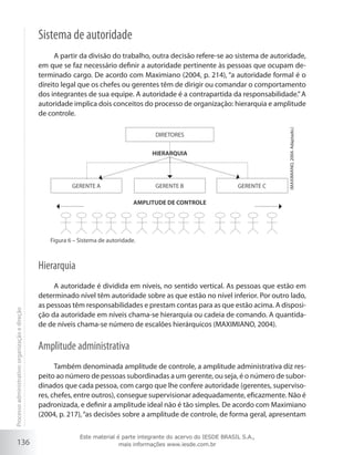 136
Sistema de autoridade
A partir da divisão do trabalho, outra decisão refere-se ao sistema de autoridade,
em que se faz necessário definir a autoridade pertinente às pessoas que ocupam de-
terminado cargo. De acordo com Maximiano (2004, p. 214), “a autoridade formal é o
direito legal que os chefes ou gerentes têm de dirigir ou comandar o comportamento
dos integrantes de sua equipe. A autoridade é a contrapartida da responsabilidade.”A
autoridade implica dois conceitos do processo de organização: hierarquia e amplitude
de controle.
DIRETORES
GERENTE A GERENTE B GERENTE C
AMPLITUDE DE CONTROLE
HIERARQUIA
Figura 6 – Sistema de autoridade.
(Maximiano,2004.Adaptado.)
Hierarquia
A autoridade é dividida em níveis, no sentido vertical. As pessoas que estão em
determinado nível têm autoridade sobre as que estão no nível inferior. Por outro lado,
as pessoas têm responsabilidades e prestam contas para as que estão acima. A disposi-
ção da autoridade em níveis chama-se hierarquia ou cadeia de comando. A quantida-
de de níveis chama-se número de escalões hierárquicos (MAXIMIANO, 2004).
Amplitude administrativa
Também denominada amplitude de controle, a amplitude administrativa diz res-
peito ao número de pessoas subordinadas a um gerente, ou seja, é o número de subor-
dinados que cada pessoa, com cargo que lhe confere autoridade (gerentes, superviso-
res, chefes, entre outros), consegue supervisionar adequadamente, eficazmente. Não é
padronizada, e definir a amplitude ideal não é tão simples. De acordo com Maximiano
(2004, p. 217),“as decisões sobre a amplitude de controle, de forma geral, apresentam
Processoadministrativo:organizaçãoedireção
Este material é parte integrante do acervo do IESDE BRASIL S.A.,
mais informações www.iesde.com.br
 