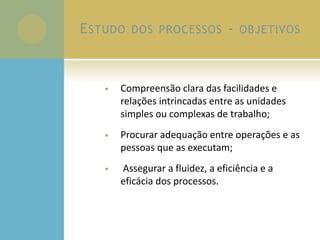 ESTUDO DOS PROCESSOS - OBJETIVOS
• Compreensão clara das facilidades e
relações intrincadas entre as unidades
simples ou complexas de trabalho;
• Procurar adequação entre operações e as
pessoas que as executam;
• Assegurar a fluidez, a eficiência e a
eficácia dos processos.
 