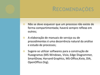 RECOMENDAÇÕES
 Não se deve esquecer que um processo não existe de
forma compartimentada; haverá sempre reflexo em
outros;
 A elaboração de manuais de serviço ou de
procedimentos é uma decorrência natural da análise
e estudo de processos;
 Sugere-se utilizar softwares para a construção de
fluxogramas (MS-Windows, Visio, Edge Diagrammer,
SmartDraw, Harvard Graphics, MS-Office,Kivio, DIA,
OpenOffice.Org).
 