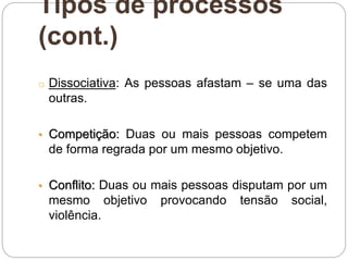 Tipos de processos
(cont.)
o Dissociativa: As pessoas afastam – se uma das
outras.
• Competição: Duas ou mais pessoas competem
de forma regrada por um mesmo objetivo.
• Conflito: Duas ou mais pessoas disputam por um
mesmo objetivo provocando tensão social,
violência.
 