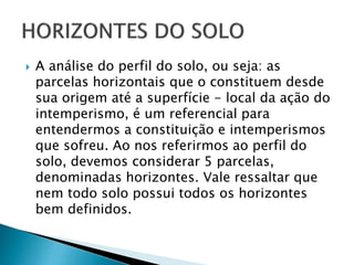  A análise do perfil do solo, ou seja: as
parcelas horizontais que o constituem desde
sua origem até a superfície - local da ação do
intemperismo, é um referencial para
entendermos a constituição e intemperismos
que sofreu. Ao nos referirmos ao perfil do
solo, devemos considerar 5 parcelas,
denominadas horizontes. Vale ressaltar que
nem todo solo possui todos os horizontes
bem definidos.
 