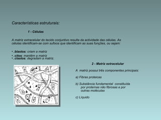 Características estruturais: 1 - Células A matriz extracelular do tecido conjuntivo resulta da actividade das células. As células identificam-se com sufixos que identificam as suas funções, ou sejam:  .. blastos : criam a matriz  .. citos : mantêm a matriz  .. clastos : degradam a matriz.  2 - Matriz extracelular A  matriz possui três componentes principais: a) Fibras proteicas  b) Substância fundamental  constituída  por proteínas não fibrosas e por  outras moléculas  c) Líquido  