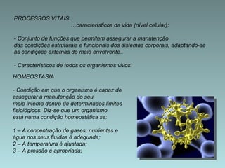 PROCESSOS VITAIS  … característicos da vida (nível celular): - Conjunto de funções que permitem assegurar a manutenção das condições estruturais e funcionais dos sistemas corporais, adaptando-se às condições externas do meio envolvente.. - Característicos de todos os organismos vivos. HOMEOSTASIA Condição em que o organismo é capaz de assegurar a manutenção do seu meio interno dentro de determinados limites fisiológicos. Diz-se que um organismo está numa condição homeostática se: 1 – A concentração de gases, nutrientes e  água nos seus fluídos é adequada; 2 – A temperatura é ajustada; 3 – A pressão é apropriada; 
