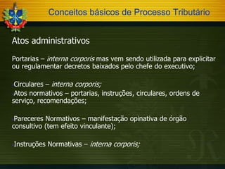 Conceitos básicos de Processo Tributário
Atos administrativos
Portarias – interna corporis mas vem sendo utilizada para explicitar
ou regulamentar decretos baixados pelo chefe do executivo;
Circulares – interna corporis;
Atos normativos – portarias, instruções, circulares, ordens de
serviço, recomendações;


Pareceres Normativos – manifestação opinativa de órgão
consultivo (tem efeito vinculante);


Instruções Normativas – interna corporis;



 