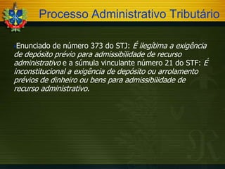 Processo Administrativo Tributário
Enunciado

de número 373 do STJ: É ilegítima a exigência

de depósito prévio para admissibilidade de recurso
administrativo e a súmula vinculante número 21 do STF: É
inconstitucional a exigência de depósito ou arrolamento
prévios de dinheiro ou bens para admissibilidade de
recurso administrativo.

 