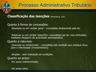 Processo Administrativo Tributário


Classificação das isenções

(Machado,p. 192)

Quanto à forma de concessões:





Absolutas ou em caráter geral – concedidas diretamente pela lei;

Relativas ou em caráter específico –concedidas por lei, mas efetivadas
mediante despacho da autoridade administrativa.


Quanto à natureza:



Onerosas ou condicionais – concedidas sob condição que implique ônus
para o interessado (investimentos);




Simples – sem imposição de condições.

Quanto ao prazo:





Por prazo indeterminado;



Por prazo certo.

 