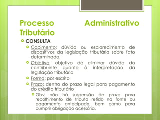 Processo                        Administrativo
Tributário
   CONSULTA
       Cabimento: dúvida ou esclarecimento de
        dispositivos da legislação tributária sobre fato
        determinado.
       Objetivo: objetivo de eliminar dúvida do
        contribuinte quanto à interpretação da
        legislação tributária
       Forma: por escrito
       Prazo: dentro do prazo legal para pagamento
        do crédito tributário
          Obs: não há suspensão de prazo para
           recolhimento de tributo retido na fonte ou
           pagamento antecipado, bem como para
           cumprir obrigação acessória.
 