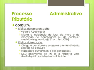 Processo                        Administrativo
Tributário
   CONSULTA
       Efeitos da apresentação:
         Veda a Ação Fiscal
         Afasta a incidência de juros de mora e de
          imposição de penalidades ou de qualquer
          medida de garantia (§ 2º, art. 161, CTN)
       Efeitos da resposta:
         Obriga o contribuinte a assumir o entendimento
          contido na consulta
         Prazo para cumprimento das obrigações
         OBS: cabimento de MS se a resposta viola
          direito líquido e certo do contribuinte.
 