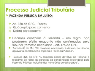 Processo Judicial Tributário
   FAZENDA PÚBLICA EM JUÍZO:

        Art. 188 do CPC – Prazos:
    2)   Quádruplo para contestar
    3)   Dobro para recorrer

        Decisões contrárias à Fazenda – em regra, não
         produzem efeito enquanto não confirmadas pelo
         tribunal (remessa necessária – art. 475 do CPC
         Súmula 45 do STJ: “No reexame necessário, é defeso, ao tribunal
         agravar a condenação imposta a Fazenda Pública”.

         Súmula 325 do STJ: “A remessa oficial devolve ao Tribunal o
         reexame de todas as parcelas da condenação suportadas pela
         Fazenda Pública, inclusive dos honorários de advogado”.
 