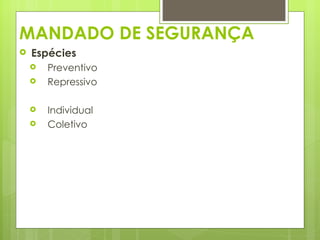 MANDADO DE SEGURANÇA
   Espécies
       Preventivo
       Repressivo

       Individual
       Coletivo




 
 