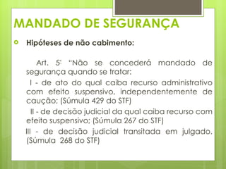 MANDADO DE SEGURANÇA
   Hipóteses de não cabimento:

          Art. 5º “Não se concederá mandado de
    segurança quando se tratar: 
       I - de ato do qual caiba recurso administrativo
    com efeito suspensivo, independentemente de
    caução; (Súmula 429 do STF)
       II - de decisão judicial da qual caiba recurso com
    efeito suspensivo; (Súmula 267 do STF)
    III - de decisão judicial transitada em julgado.
    (Súmula 268 do STF)
 
 